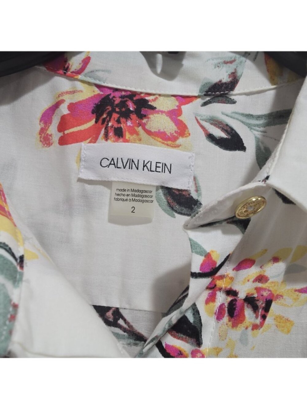 Calvin Klein - 2 Floral Midi Shirt Dress Cotton Belted Puff Sleeve Chest Pockets - Picture 7 of 11